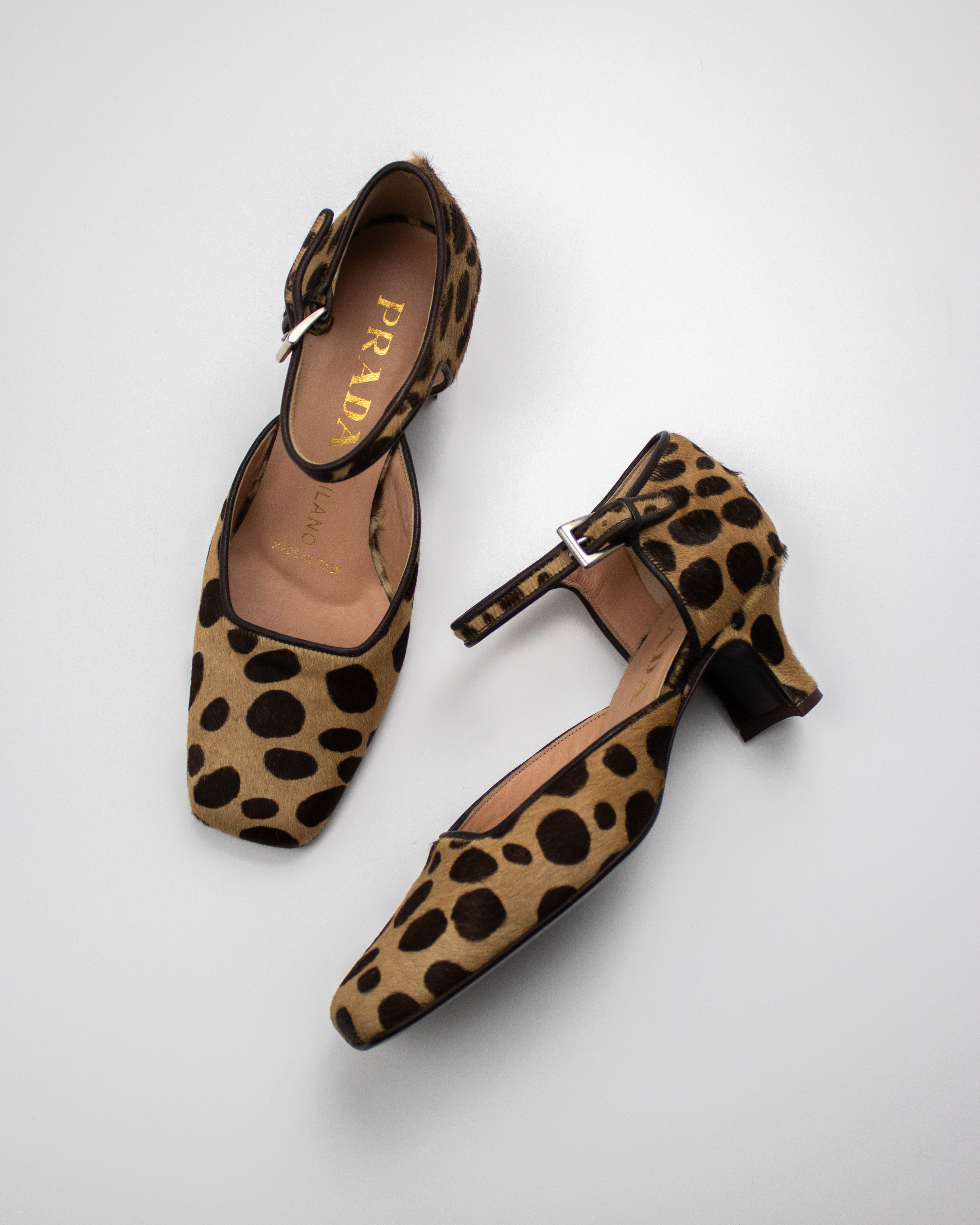 Vintage F/W 1995 Prada Leopard Pony Hair Mary Jane Heels / 35 (US