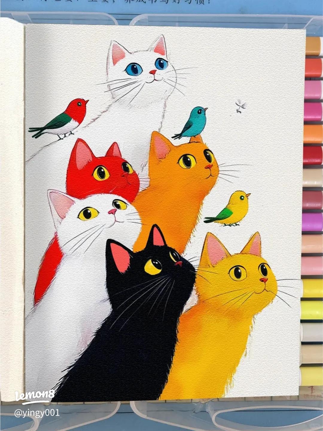 アクリルマーカーで描く子猫と鳥の線画ステップ解説｜癒される彩色