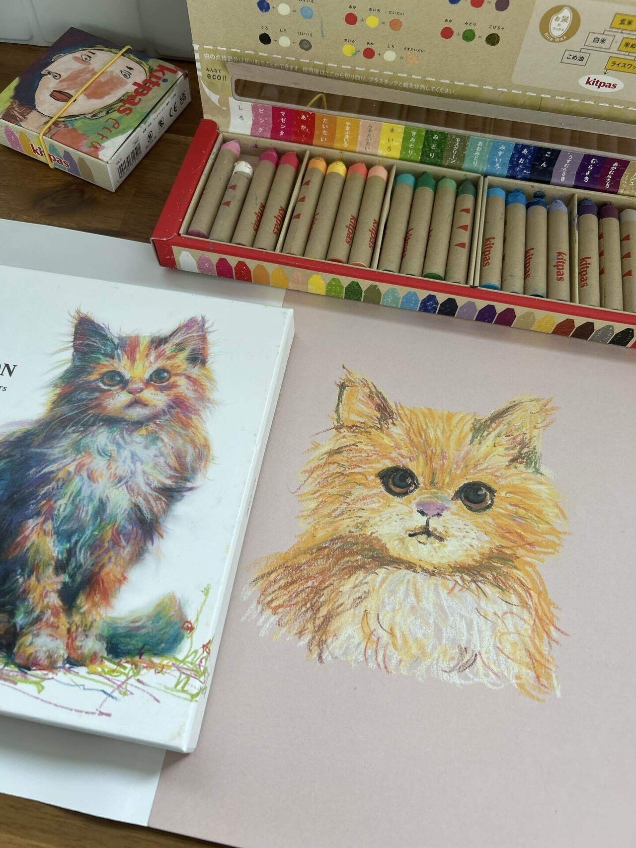 猫の日のチャレンジ｜箱の絵をお手本に｜クレヨン画｜さゆり｜創作と