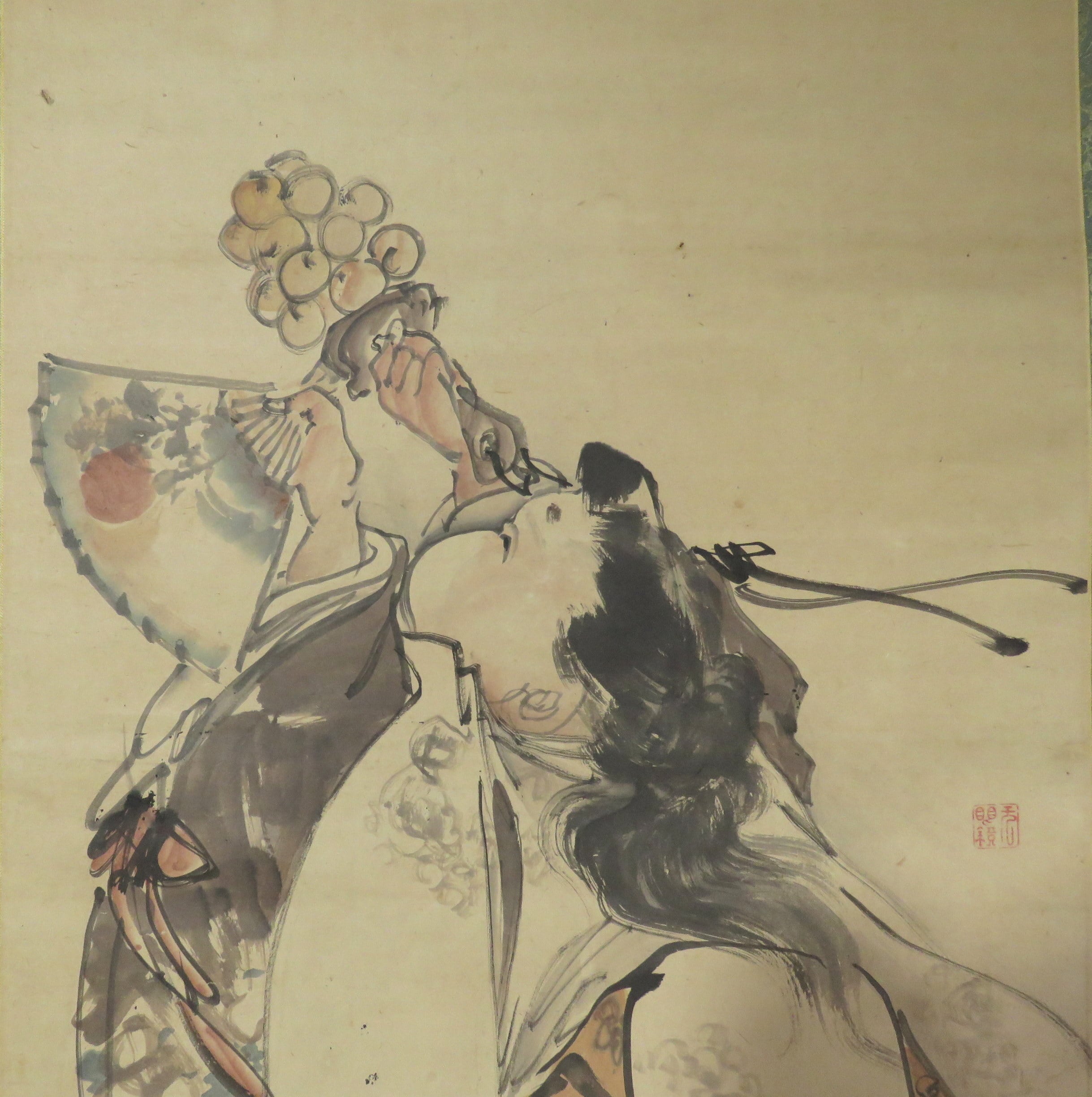 掛軸 大西雪渓 お多福 神楽舞之図 尺八立 物故作家掛軸 JY1984