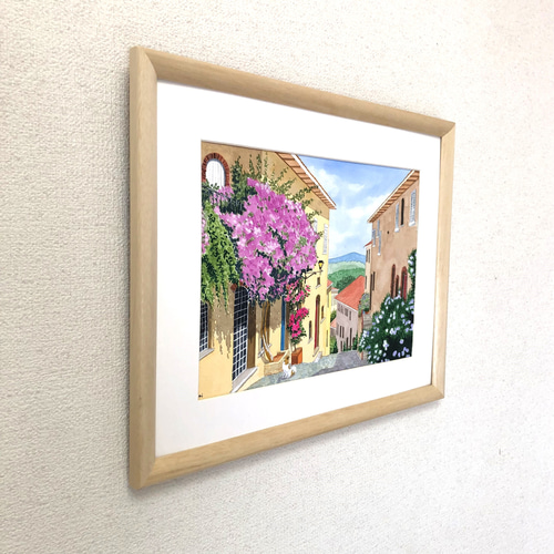 花の咲く路地01」透明水彩画 原画 風景画 額縁付 F4サイズ 絵画 Oni