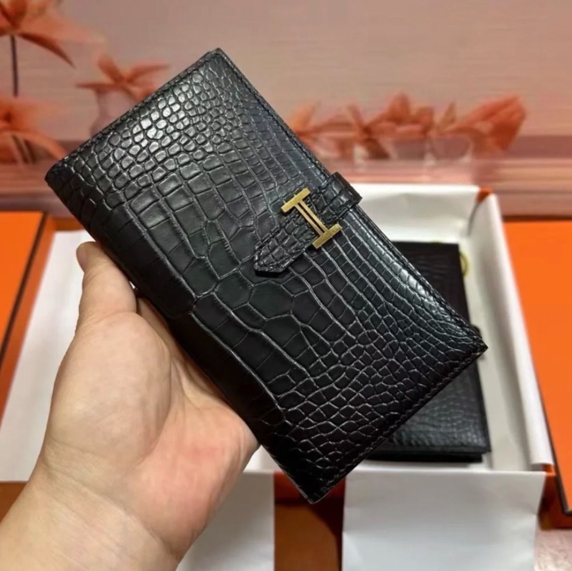 大人かっこいい】【HERMES】 ベアン クロコ ブラック (HERMES/長財布