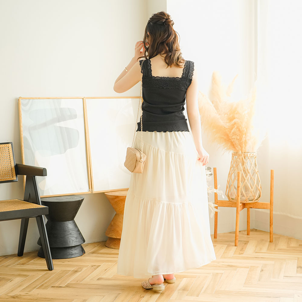 メール便】ショルダーレース裾フリルリブキャミソール – レディース