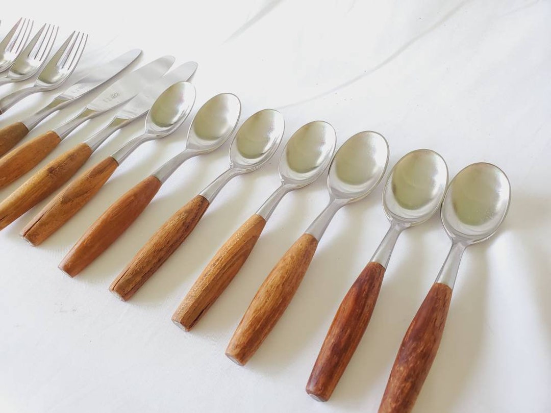 Dansk Fjord Flatware Set, Teak Handles, Mid-century Modern Cutlery