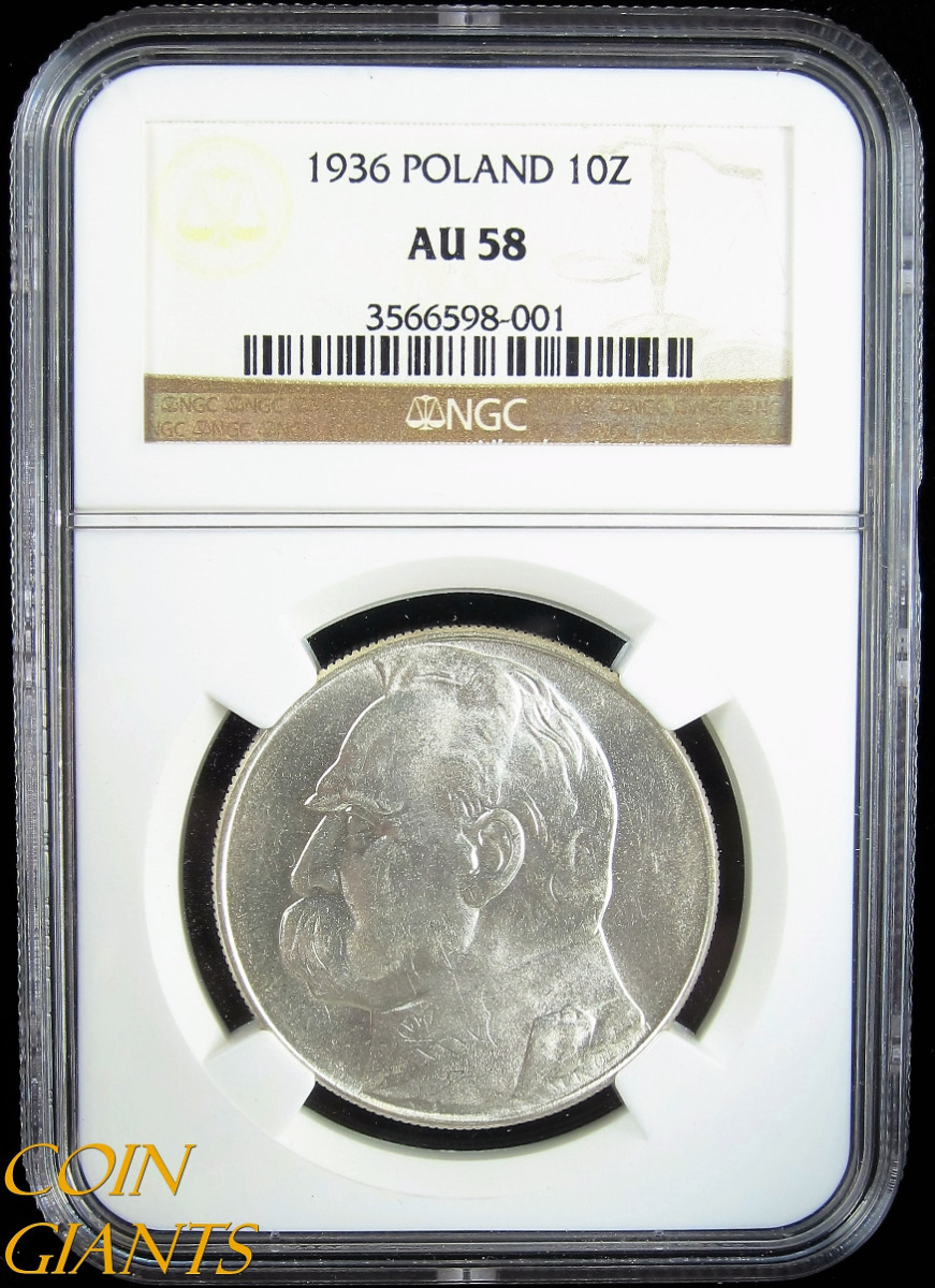 1936 Poland 10 Zlotych Y#29 Silver Coin NGC AU58 Undergraded About