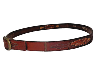 Vtg 70's Cherry Lattitan Leather Hand Stain Tooled Slim Belt Fits
