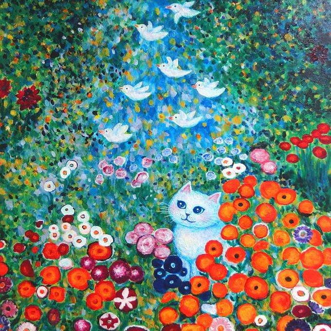原画 「ねこと小鳥のフラワーガーデン（クリムトへのオマージュ