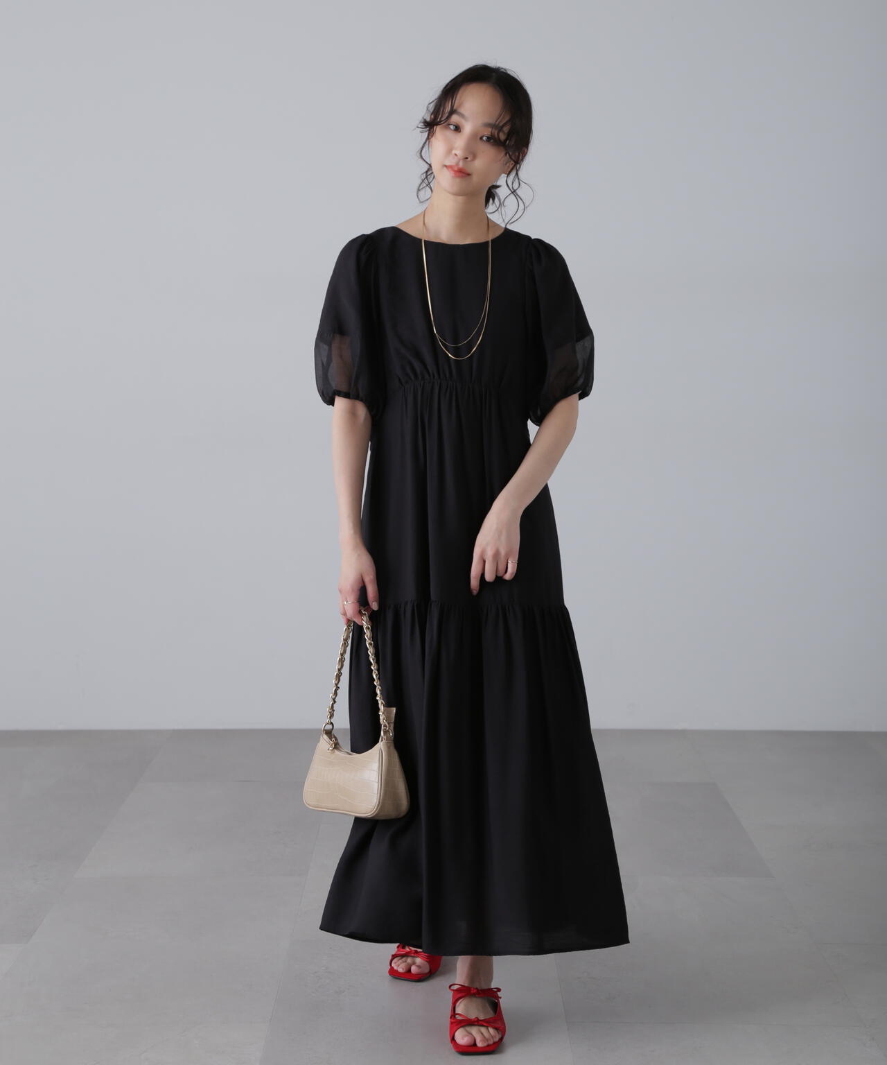 3サイズ展開XS-M】ランタンスリーブバックリボンワンピース【低身長