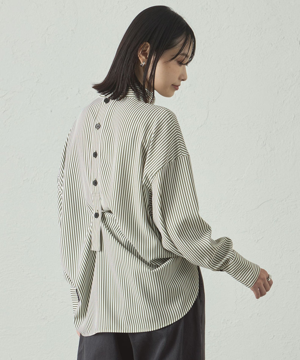 着用しわ軽減/吸水速乾】ストライプバックボタンブラウス(トップス
