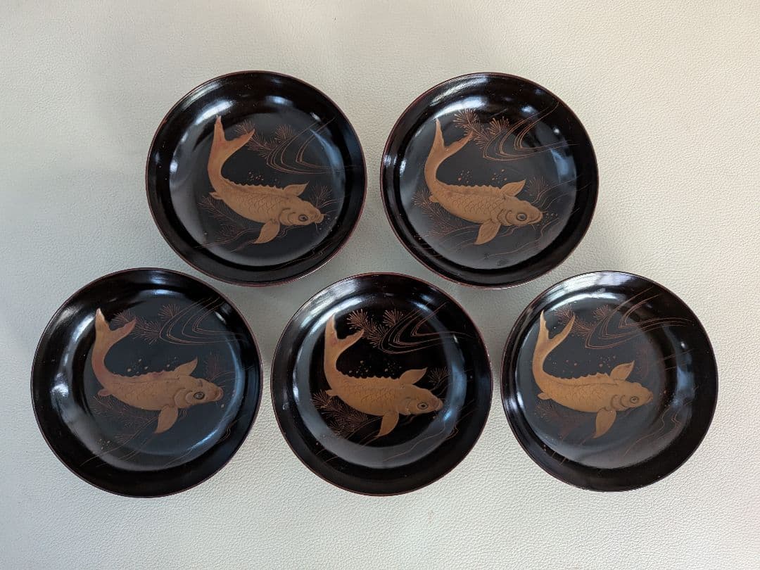 大正時代　魚　蒔絵　小皿　5枚　木製漆器