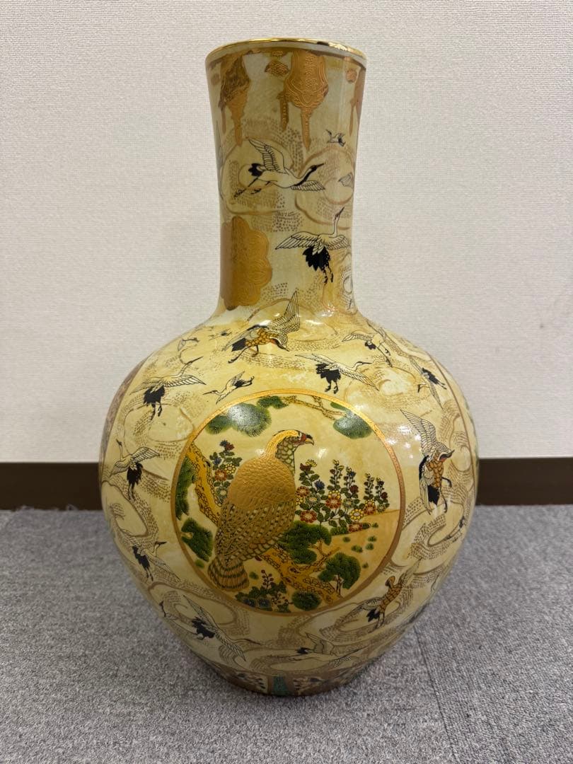 盛窯 龍山作 薩摩焼　花瓶　花器　壺　大型 薩摩焼 栄盛窯 瀧山作 金襴手群鶴文花鳥図 大花瓶 | ギャラリー寿