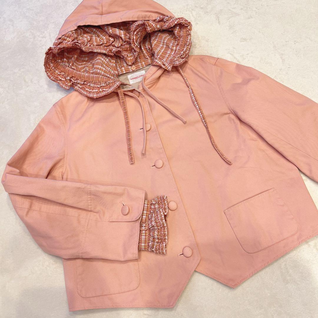 ワンダフルワールド　ピンク系チェック　フード付き　ジャケットコート　カネコイサオ