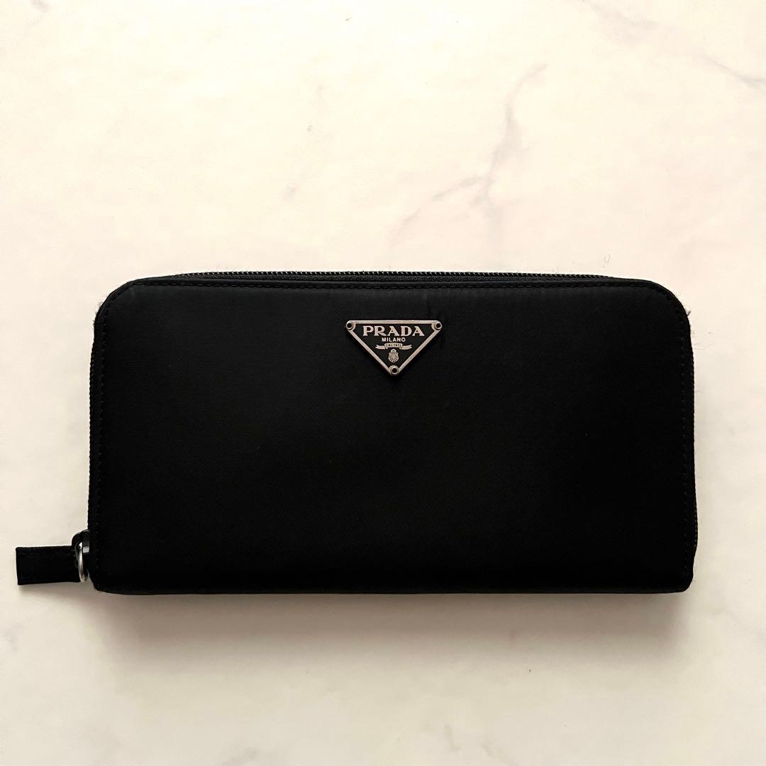 プラダ 長財布 ラウンドジップ 三角プレート ナイロン ブラック サフィアーノ