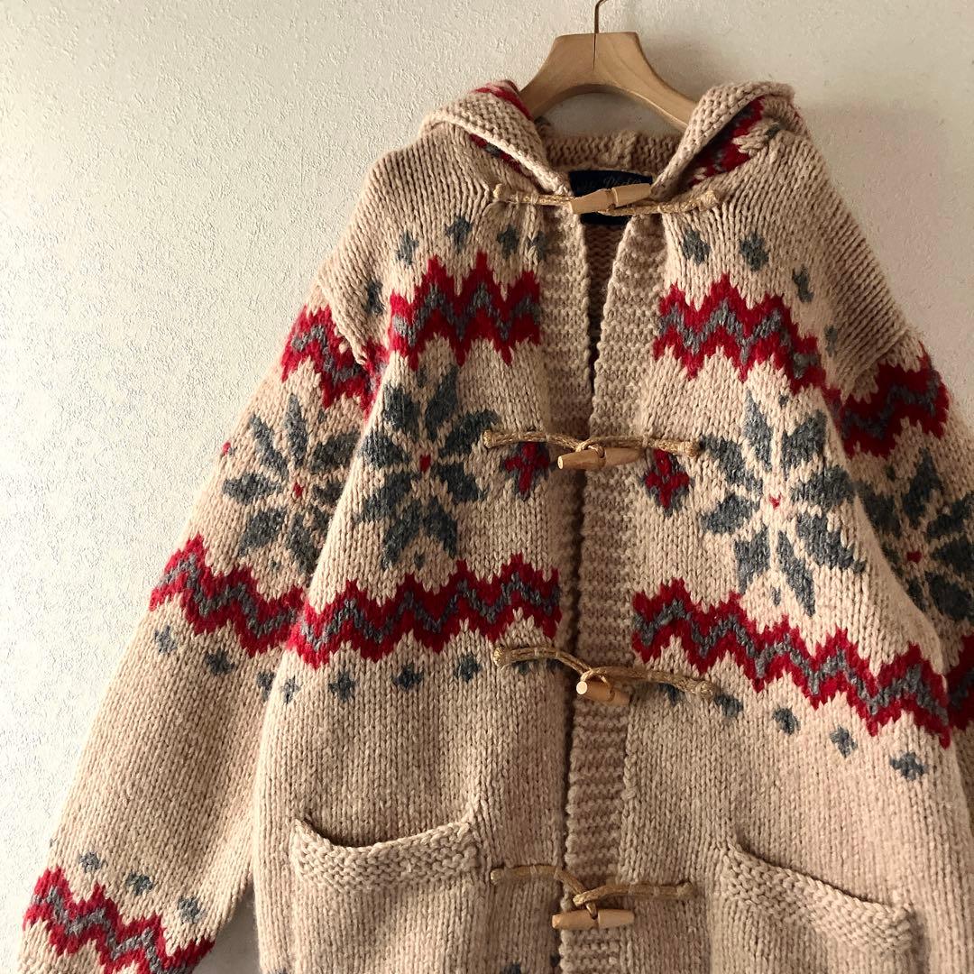 ノルディック柄フード付きダッフルコート　ニット カーディガン 肉厚 ナチュラル