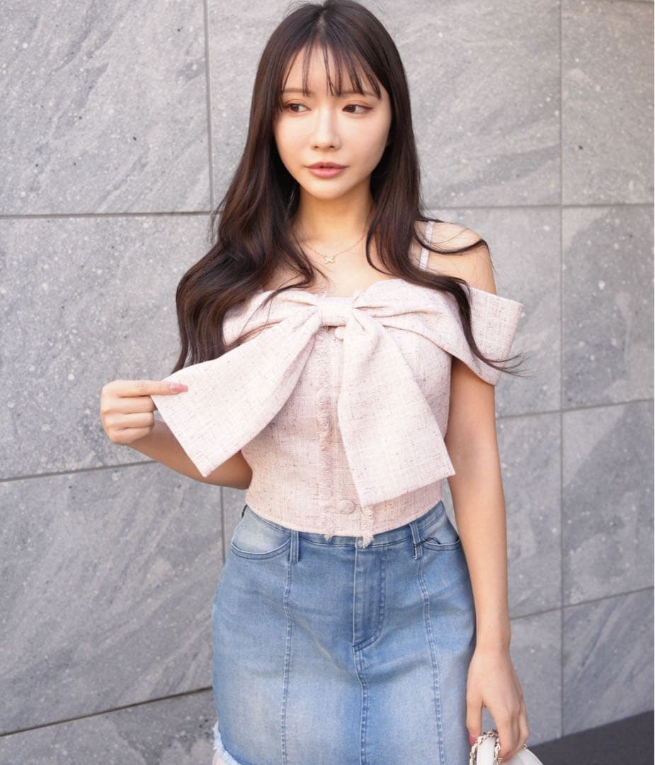 【新品未使用】LIPSERVICE ツイードリボンオフショルトップス ピンク