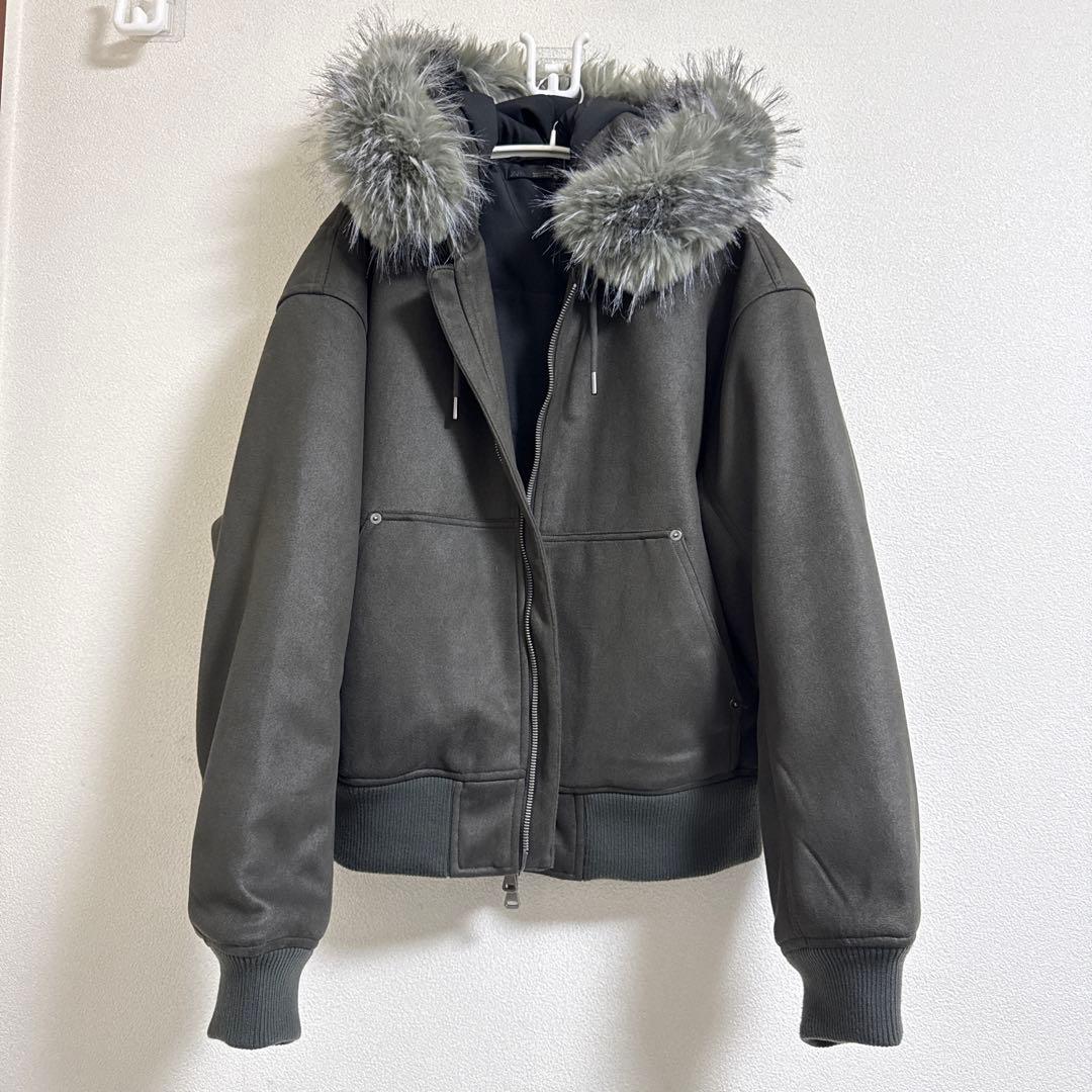 ZARA ファー付きジャケット グレー L 短丈 Y2K フード取外し可