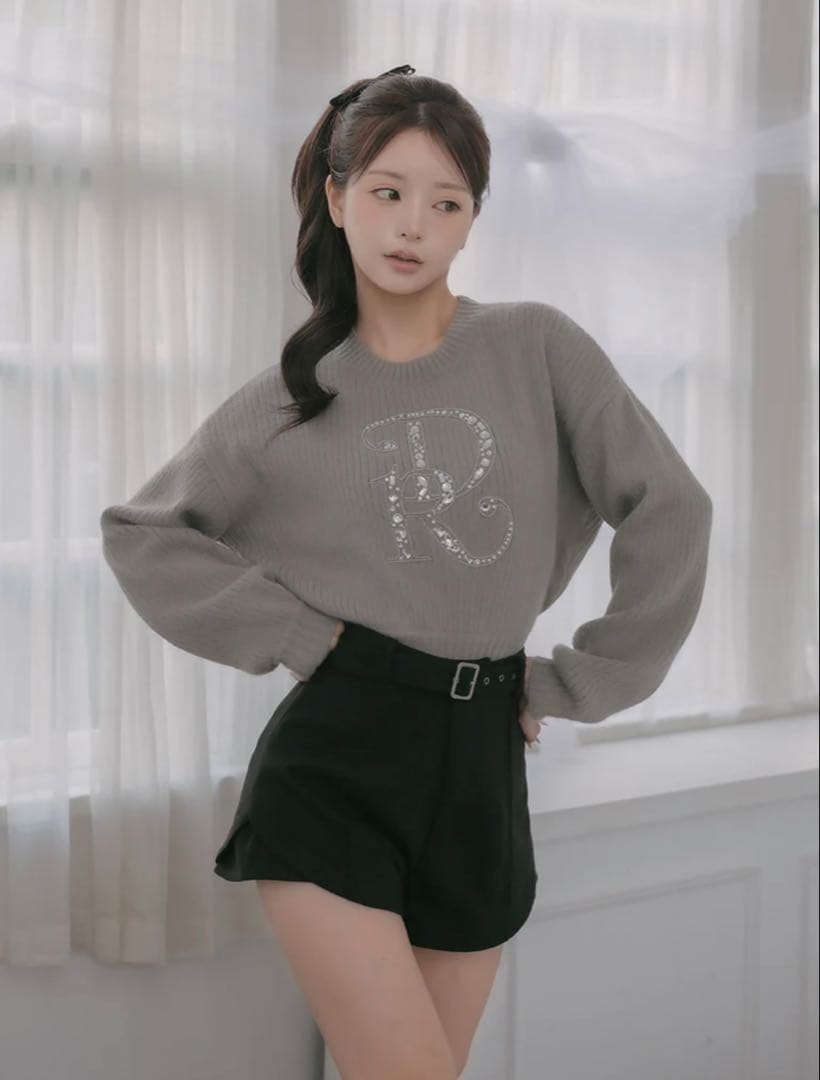 DRビジューボリュームリブニットトップス