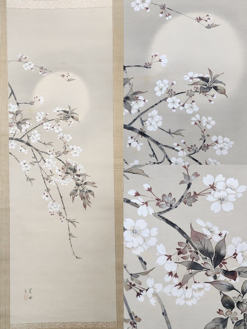 【夜桜図】本田蕉風 2703 川合玉堂門 共箱 掛け軸 肉筆