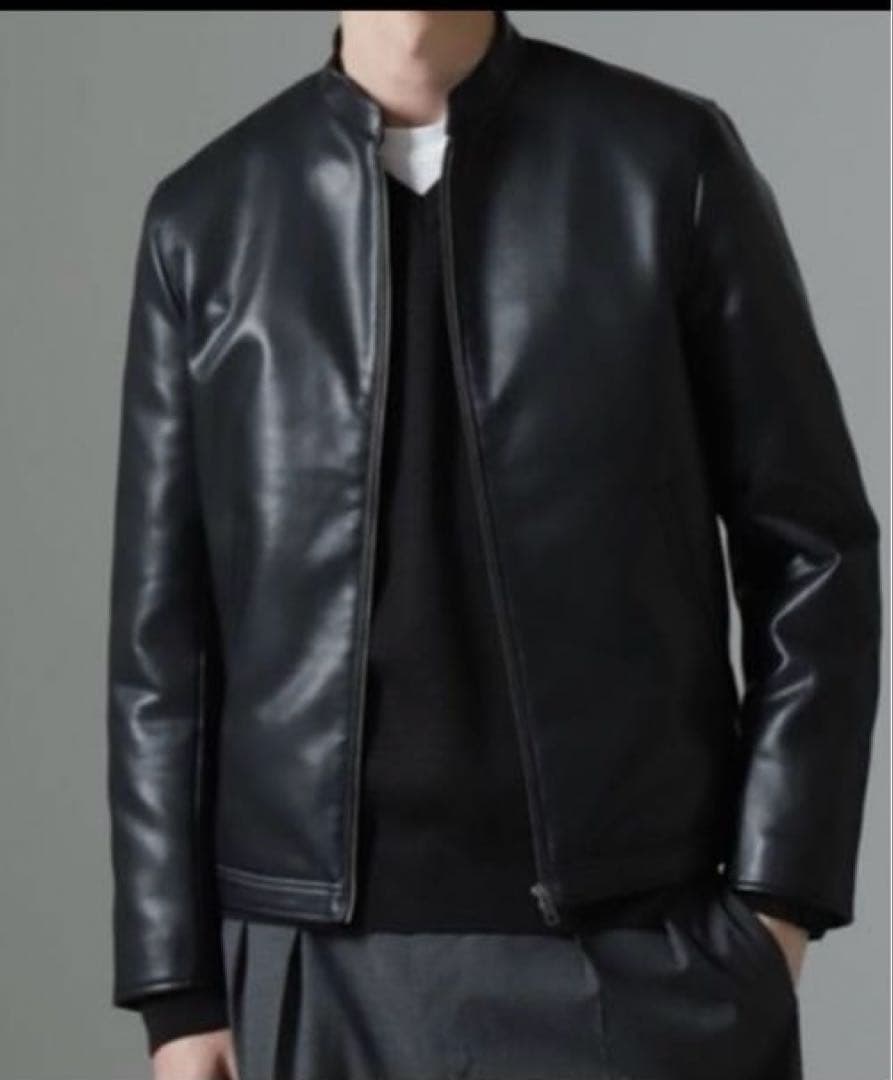 ブラックフェイクレザーシングルライダースジャケット