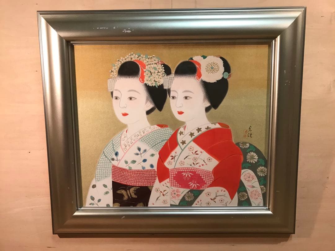 山平貞信　「舞妓」　日本画Ｆ１０号　直筆サイン・落款・共シール有り　②