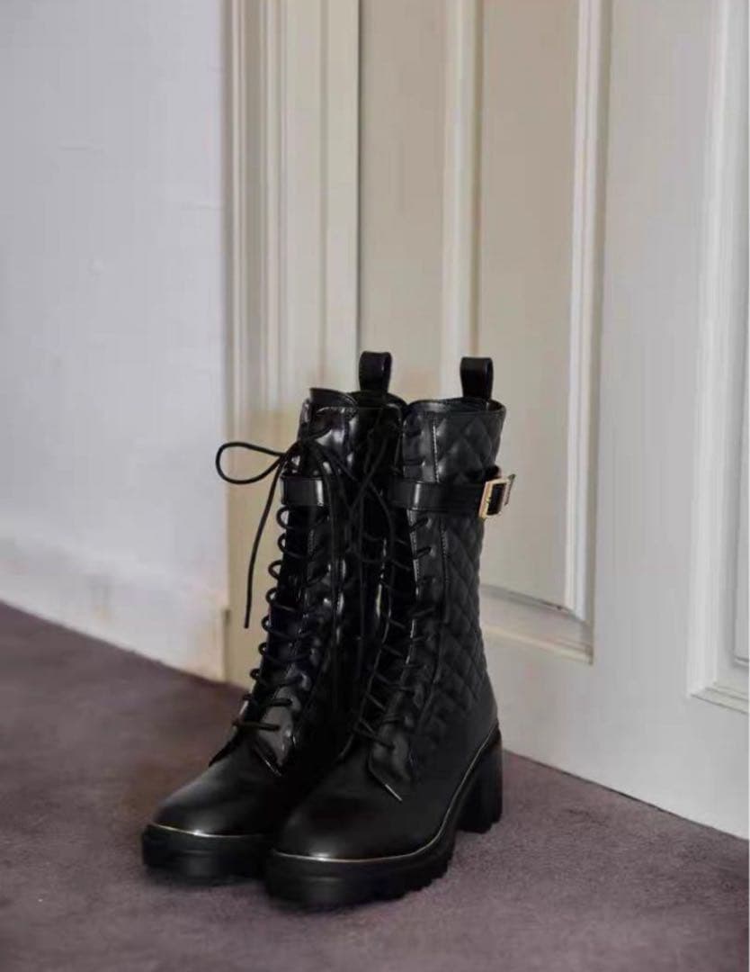 【Her lip to】Gold Buckle Lace-Up Boots 新色】Double Buckle Boots