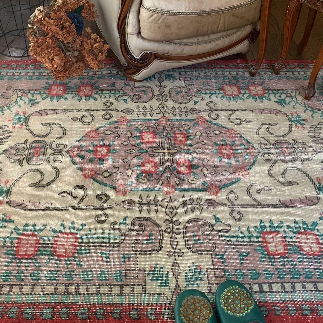 トルコヴィンテージラグ　205×122 モーヴピンク　フラワー　トルコラグ